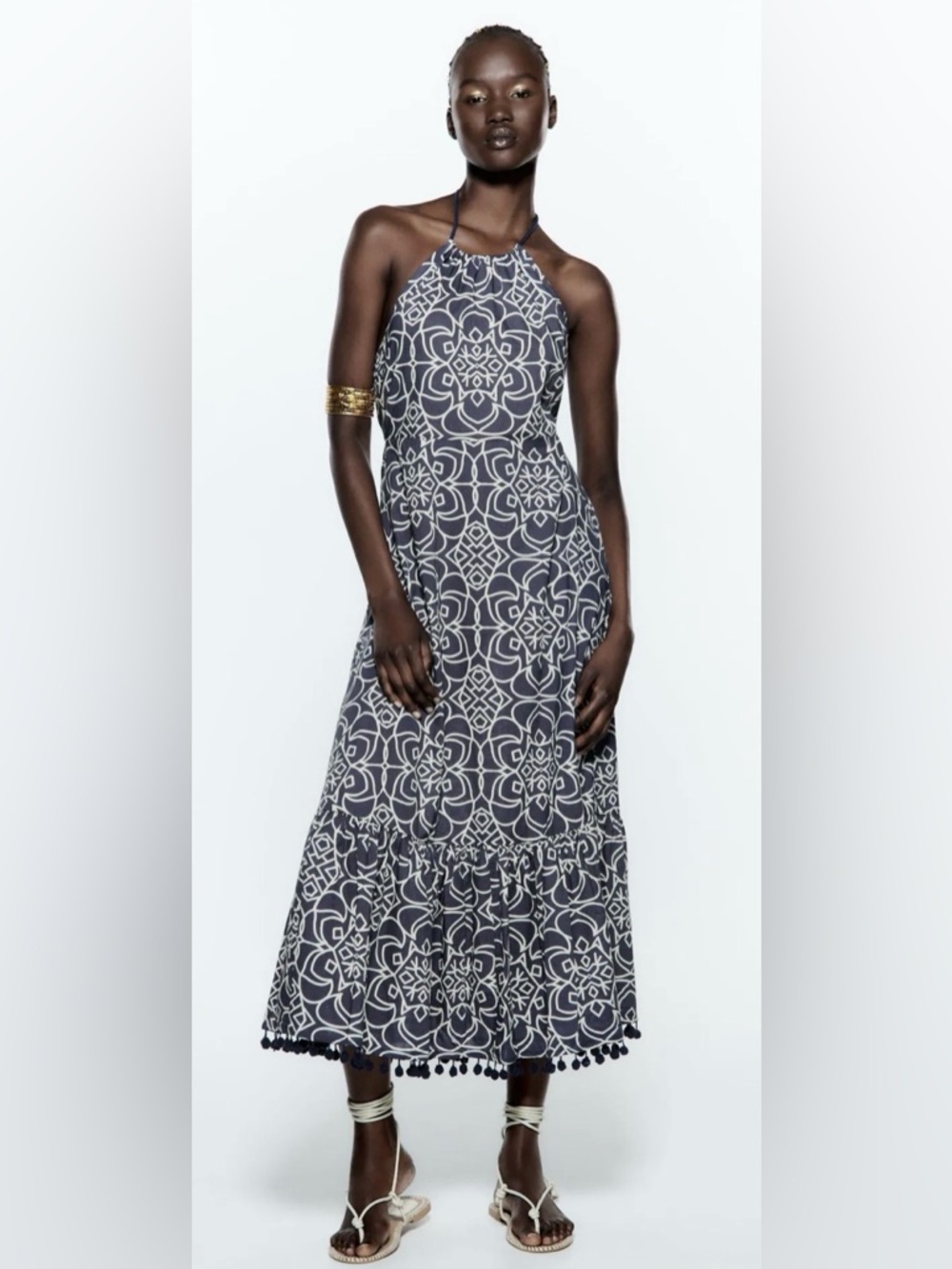 Zara Blue & White Printed Smocked Halter Midi Dress Tassel Tie Size Small